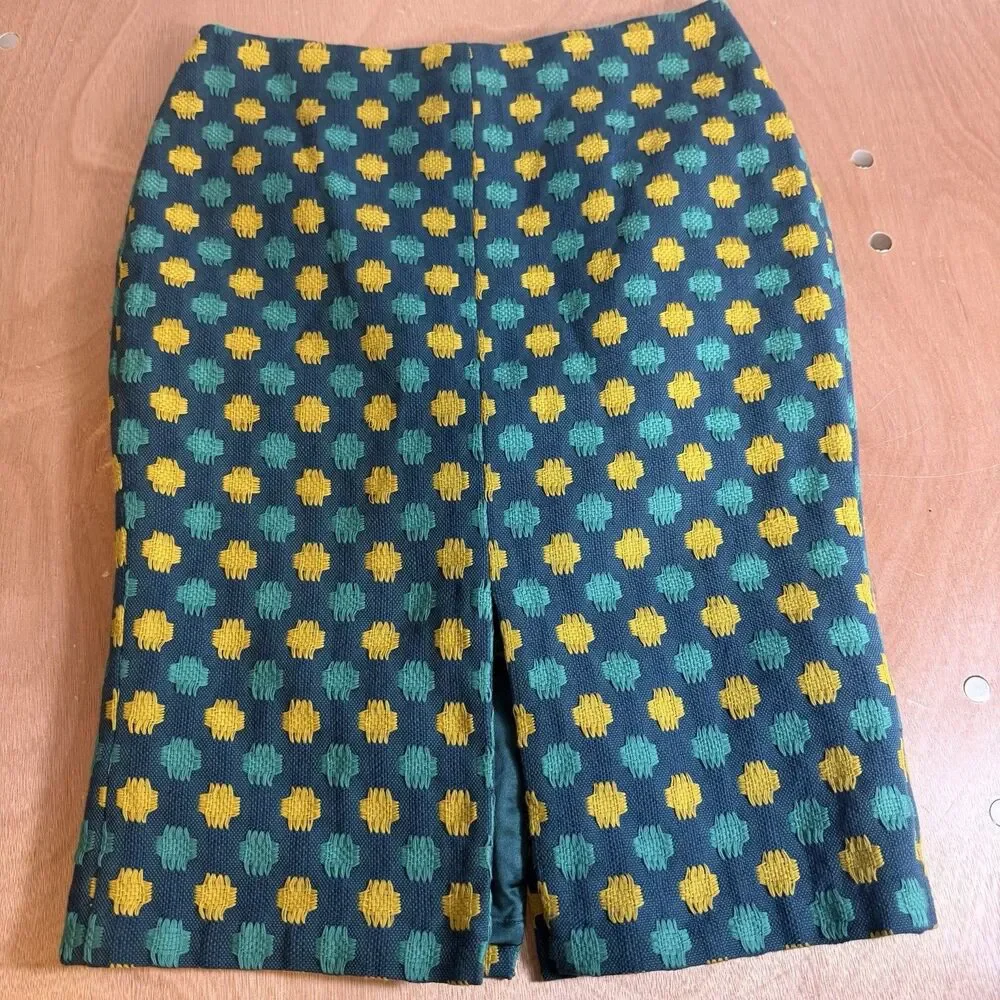 Boden Pencil Skirt 6R Green Yellow Textured Cotton Geometric Knit Slit Retro